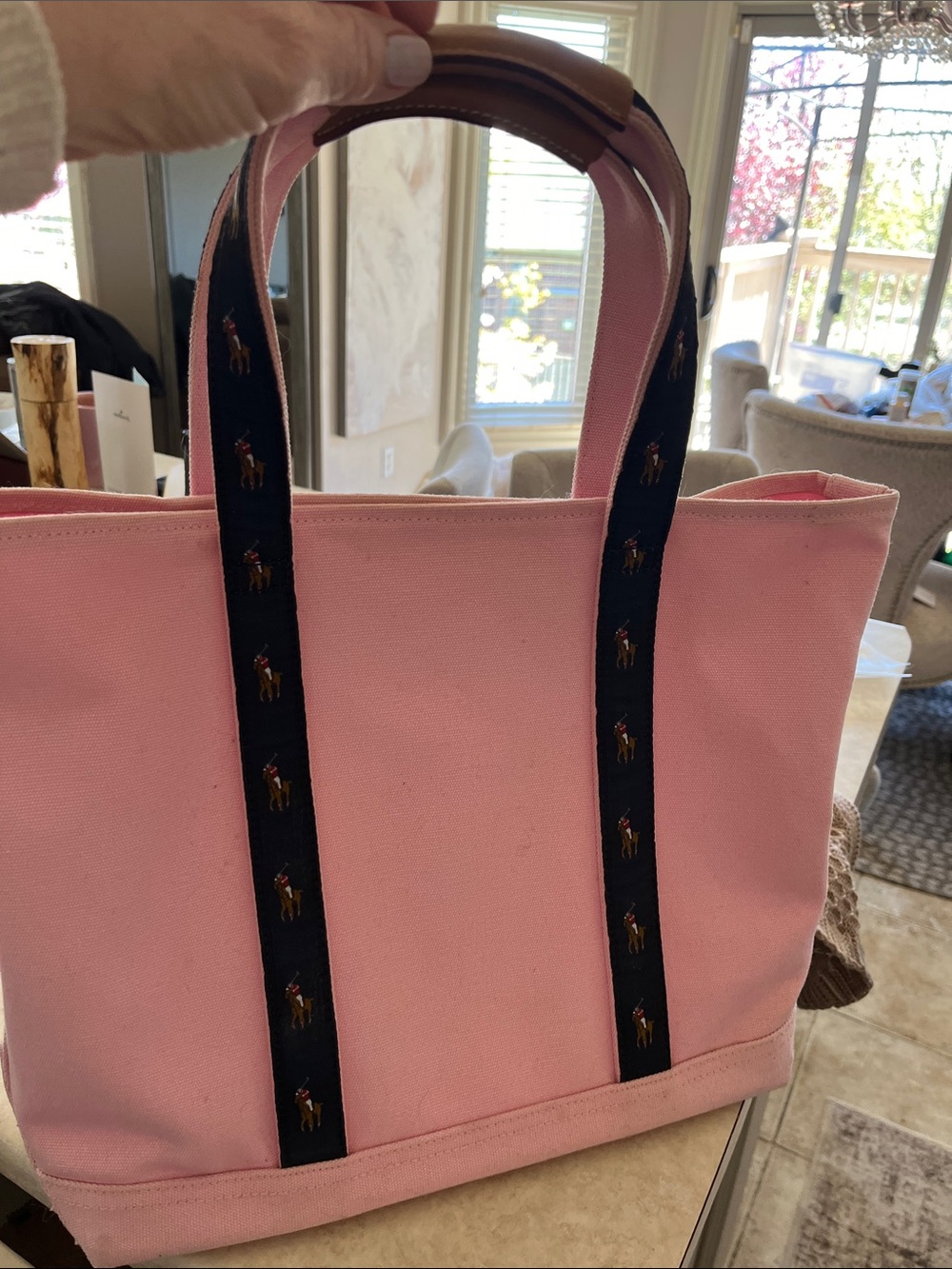 Ralph Lauren Pink Canvas Tote with Navy Polo-Strap Accents